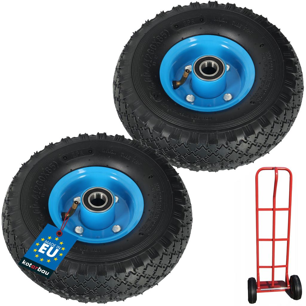 Two black pneumatic wheels with blue rims and a red hand truck are displayed against a white background.