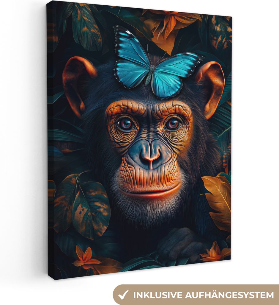 Leinwandbilder 30x40 cm - Tiere, Blumen - Schimpanse - Schmetterling, Bilder Wohnzimmer Modern, Wanddeko