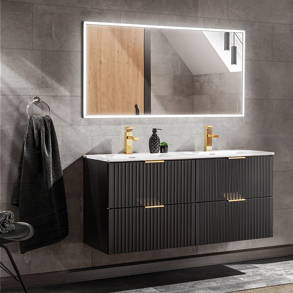Badezimmermöbel Set, matt schwarz Rillenoptik, 120cm Waschtisch mit Unterschrank, Keramik Waschbecken, LED-Spiegel, B/H/T 123/200/46 cm