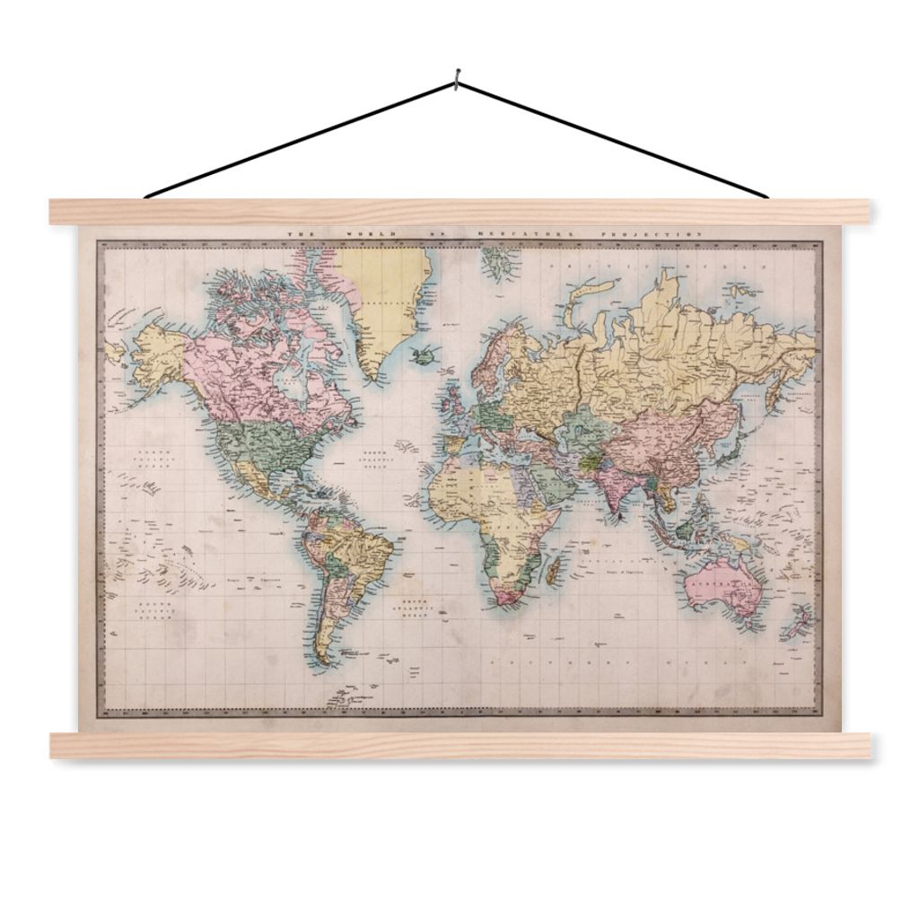 MuchoWow Textilposter Weltkarte - Vintage - Welt - Kinder - Jungen - Mädchen 60x40 cm mit holzfarbenen Rahmen - Bilder