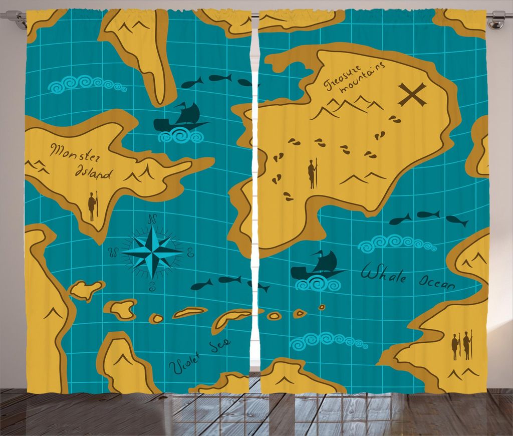 ABAKUHAUS Karte Rustikaler Gardine, Cartoon-Abenteuer Boote, Schlafzimmer Kräuselband Vorhang mit Schlaufen und Haken, 280 x 245 cm, Orange Blue