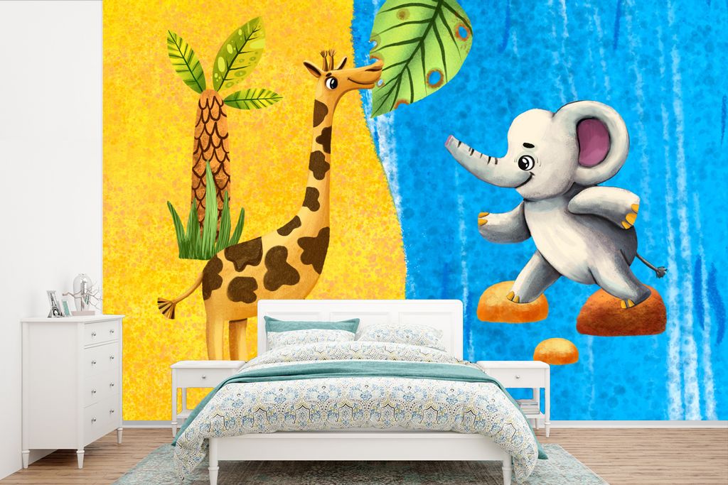 MuchoWow Fototapete für Wohnzimmer oder Schlafzimmer Wandtapete Vinyl Motivtapete Elefant - Giraffe - Wasser - 330x220 cm - Fototapeten