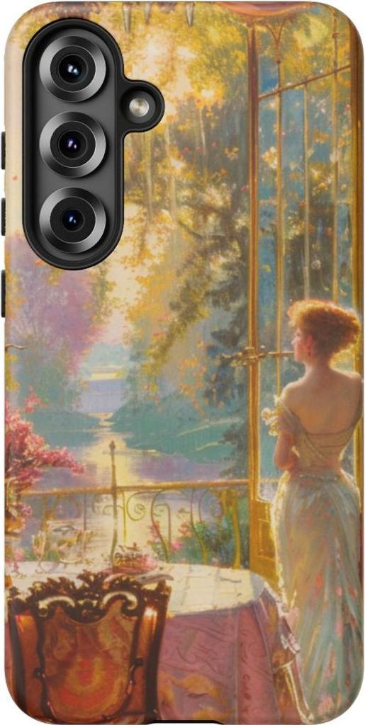Elegante Frau am Fenster mit blumigem Interieur – Handyhülle Kompatibel mit Galaxy S25 Plus