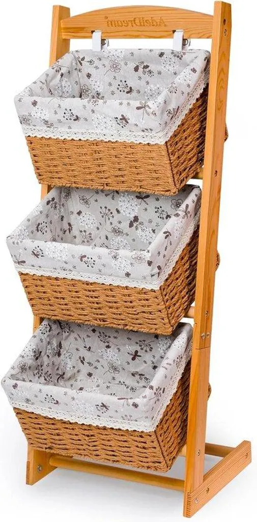 Lot de 3 Paniers Pliables en Bois Massif avec Pochette Fleurie Rustique