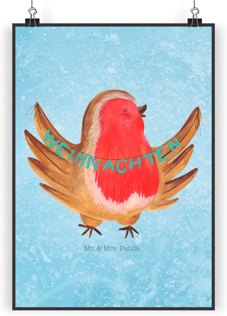 Mr. & Mrs. Panda Bild Rotkehlchen Weihnachten DIN A5 - Eisblau - Geschenk, Kunstdruck, Weihnachtsgruß, Heiligabend, Wandbild, wanddeko, Frohe, Win...