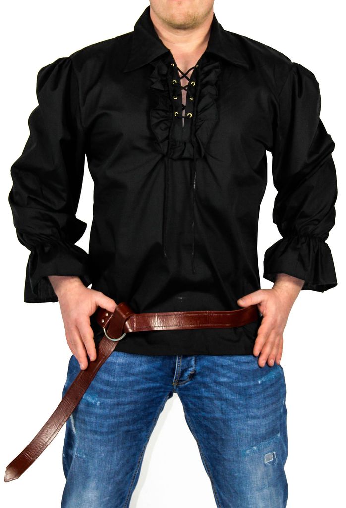Schwarzes Piratenhemd mit breitem Kragen für Herren, Produktbild 