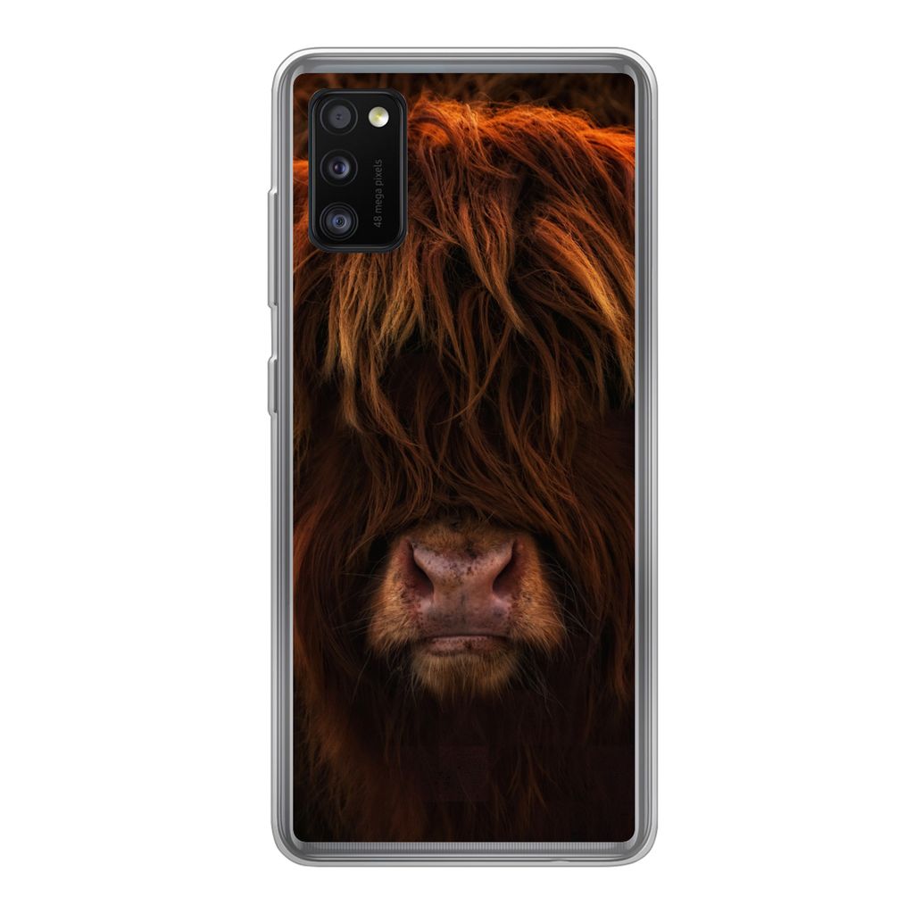 MuchoWow Handyhülle Schutzhülle Hülle für Samsung Galaxy A41 Schottischer Highlander - Kuh - Schwarz - Porträt Silikon Softcase Handy Hülle...