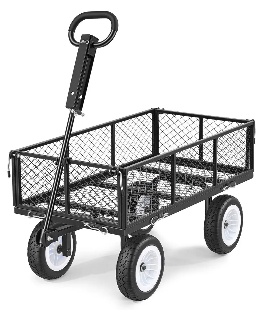 Chariot de jardin 408 kg en acier avec poignée réglable et pneus