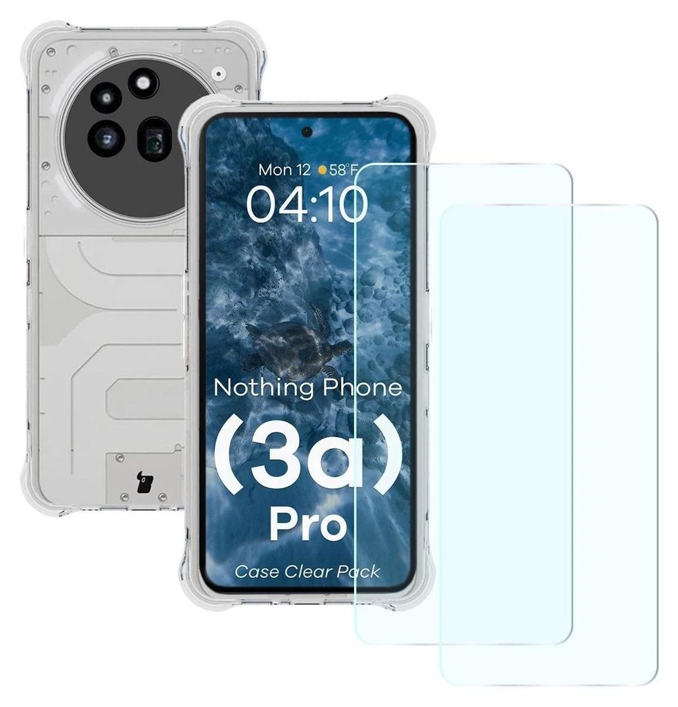 A white phone case and two screen protectors are displayed next to a smartphone.