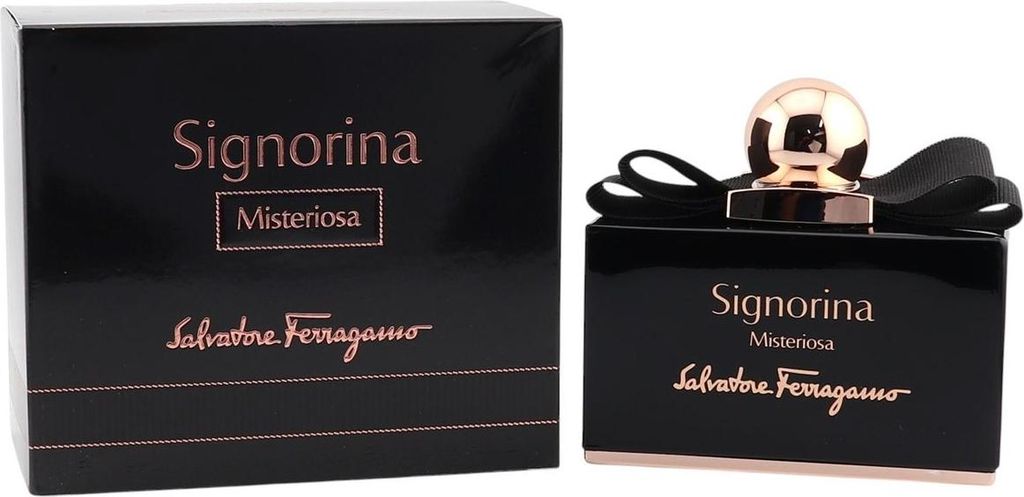 Schwarzer Flakon von Signorina Misteriosa mit roségoldener Kappe neben passender glänzender Box in Schwarz und Roségold.