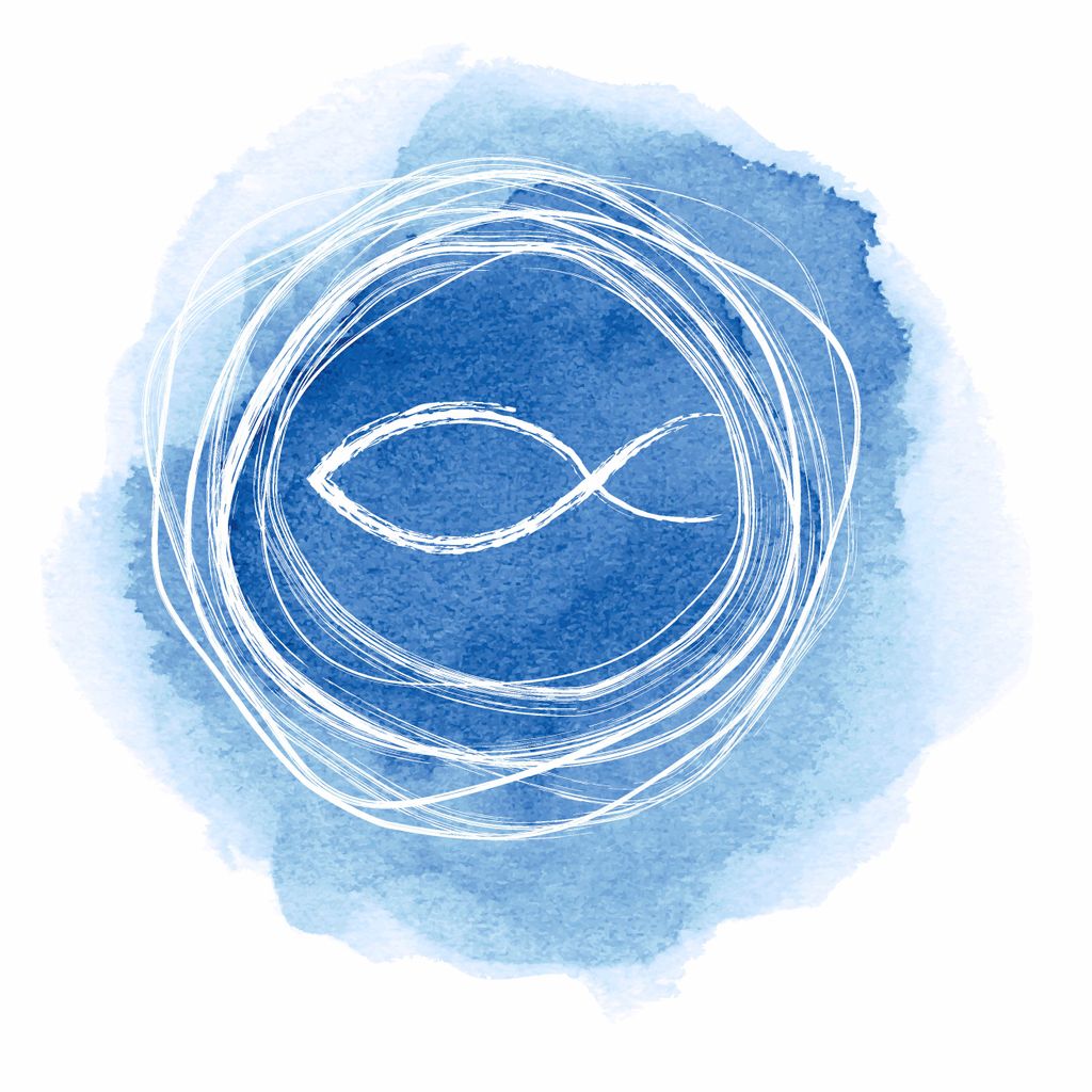 A watercolor-style image with a blue background and a white fish symbol inside a white circular scribble.