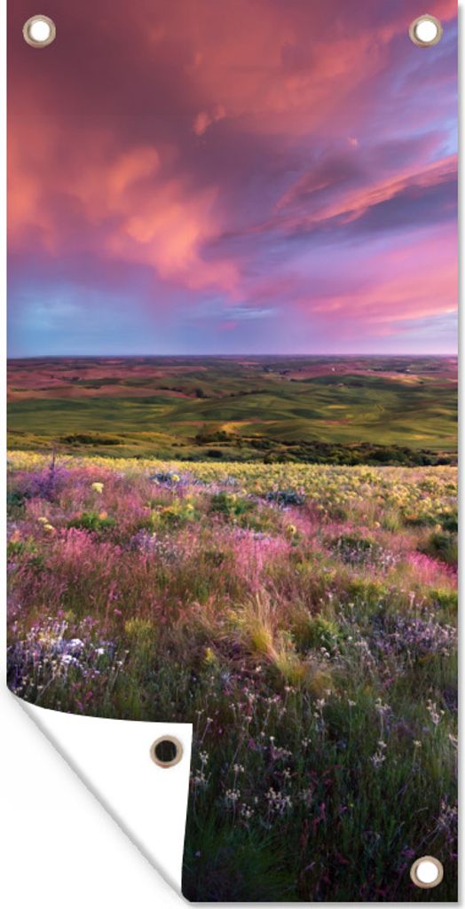 MuchoWow 30x60 cm Outdoor-Poster Gartendeko Sichtschutz Garten Poster für den Garten Sonnenuntergang - Blumen - Heidekraut