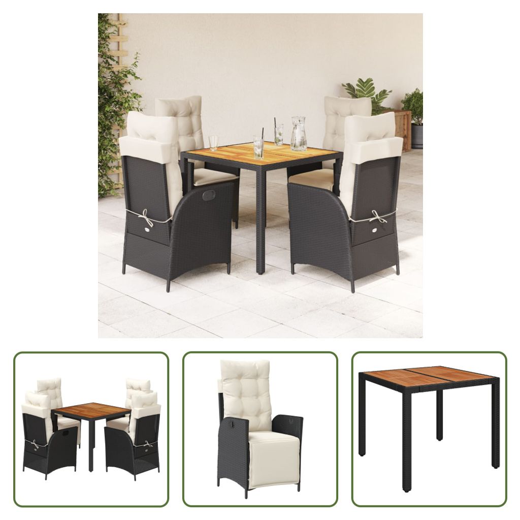 The Living Store 5-tlg. Garten-Essgruppe mit Kissen Schwarz Poly Rattan