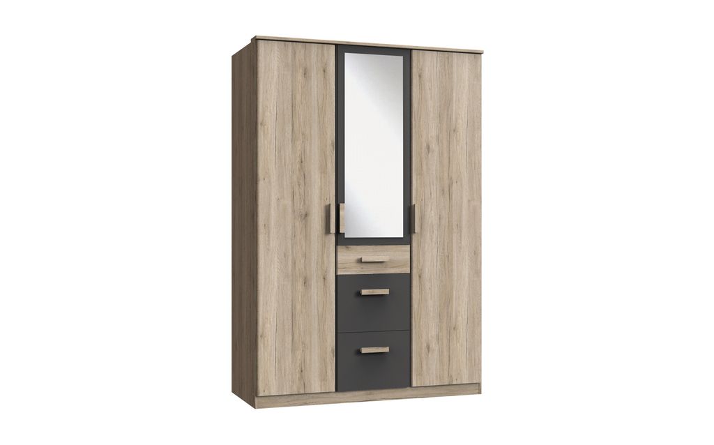 Drehtürenschrank CARIBA 135cm, 3türig, 3 Schubkästen + 1 Spiegel, Nachbildung San-Remo Eiche Nachbildung/ Graphit, (BxHxTcm) 135x199x58cm, 356629