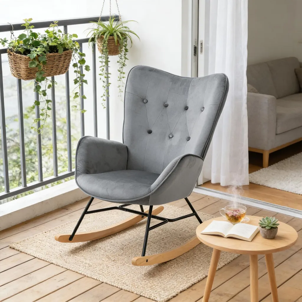 Fauteuil à bascule velours gris avec accoudoirs matelassés confort EPPING - 4