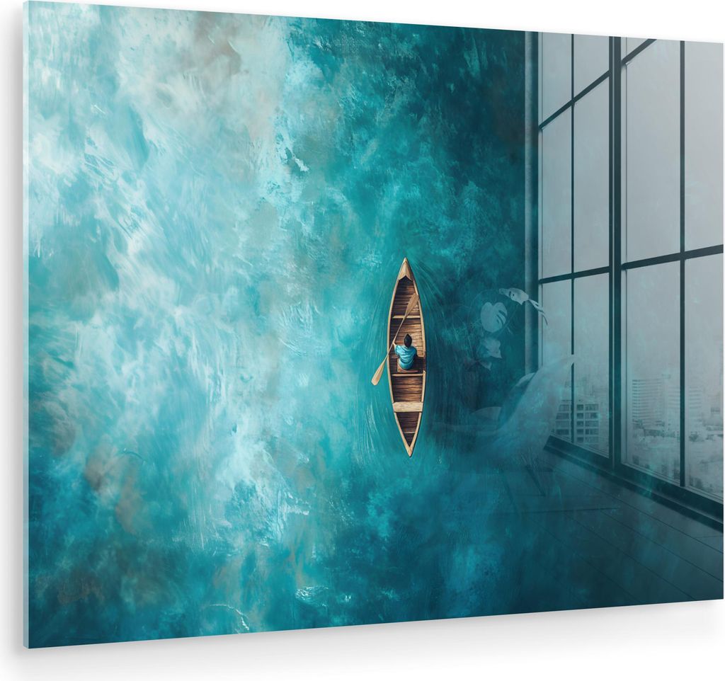 MuchoWow Glasbilder - Bilder auf Wandbild - Foto auf Glas Boot - Wasser - Blau 80x60 cm Wanddekoration aus Glas - Acrylglasbild - Acrylbilder - Wan...