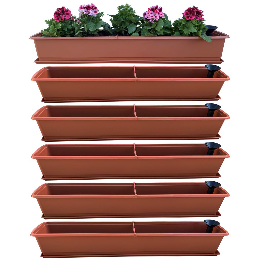 6er Blumenkasten Set Balkonkasten Pflanzkasten Terracotta mit Bewässerungssystem und Balkonkasten Untersetzer 100cm