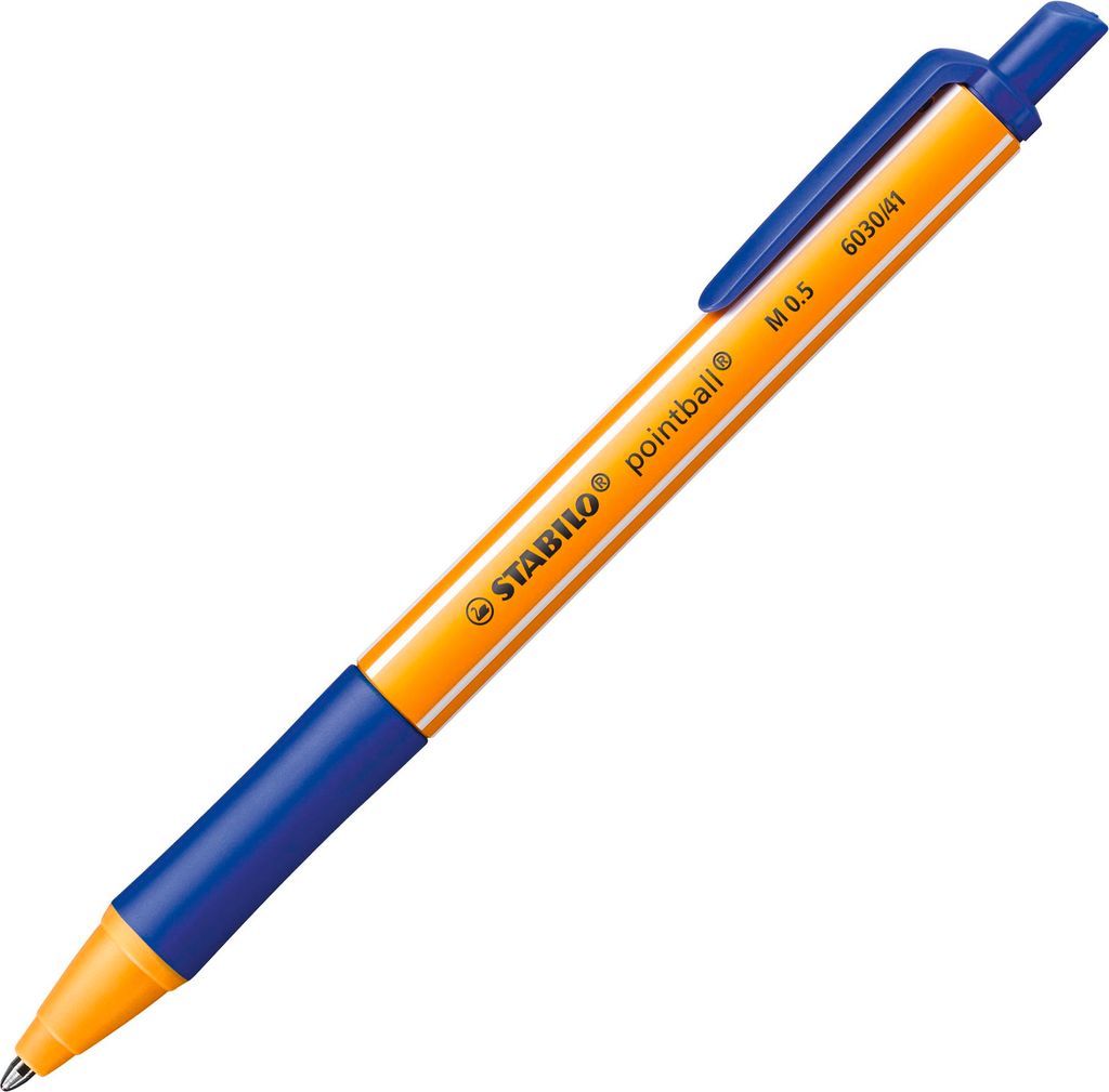 A single orange and blue pen is shown against a white background.