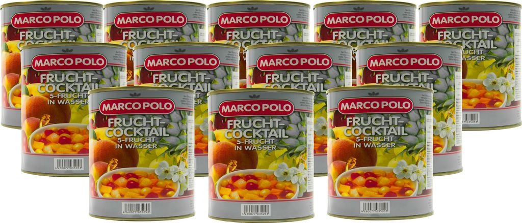 A collection of canned fruit cocktail products arranged in a grid.