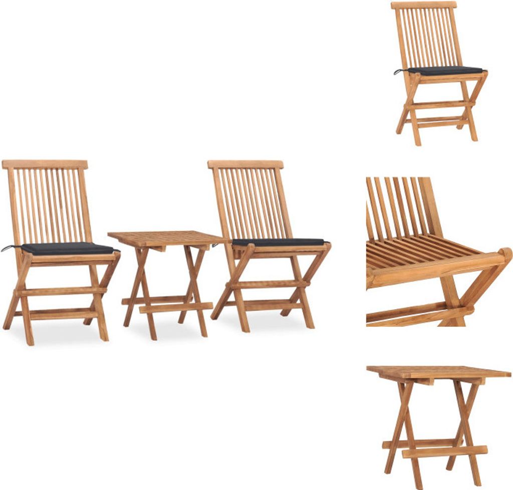 vidaXL 3-tlg. Garten-Essgruppe mit Kissen Klappbar Massivholz Teak - Gartenmöbel-Sets