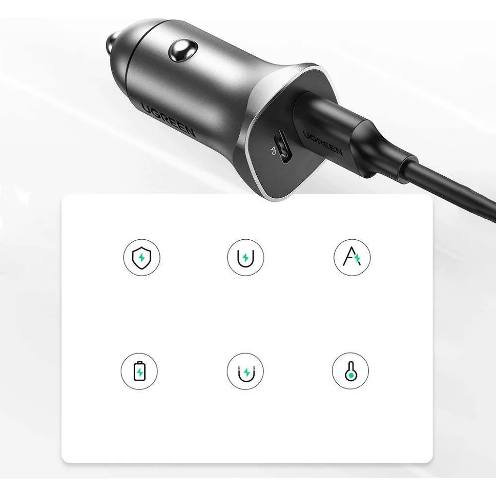 Ugreen 30780 Caricabatterie Auto 24W USB-C PD e USB-A QC 3.0 Grigio - 8