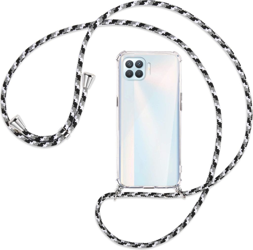 Handykette Backcover-Schutzhülle mit Band (Metall silberfarben) für Oppo A93 - schwarz/grau/weiß