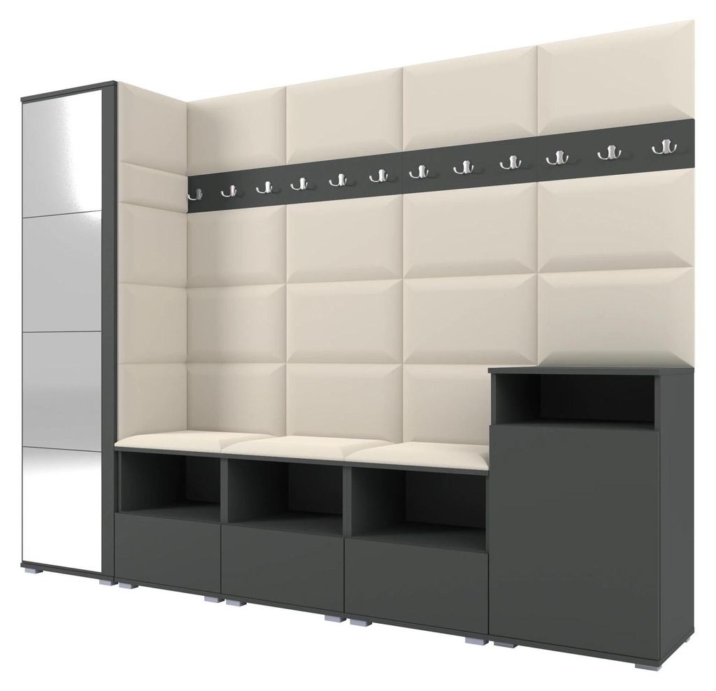 Garderobe NELA XI 250 cm Modulare Flurmöbel Graphit mit Spiegel & Sitzpolster Creme 01 (Großes Set)