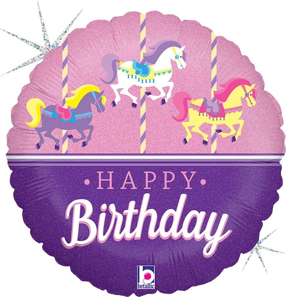 18"/Ø46cm Folienballon "Happy Birthday" Karussellpferdchen Holo