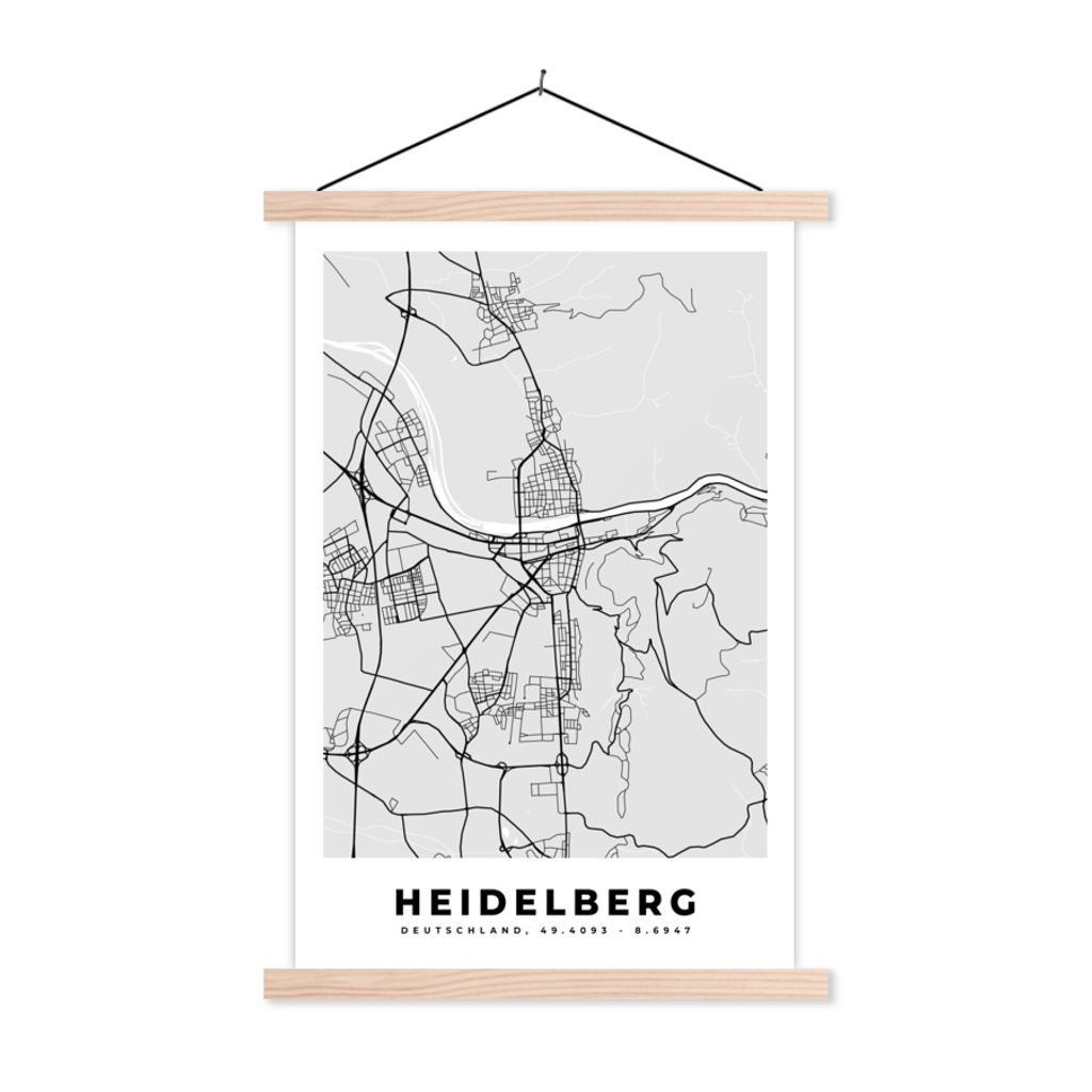 MuchoWow Textilposter Stadtplan - Heidelberg - Karte - Deutschland 120x180 cm mit holzfarbenen Rahmen - Textil-Plakat