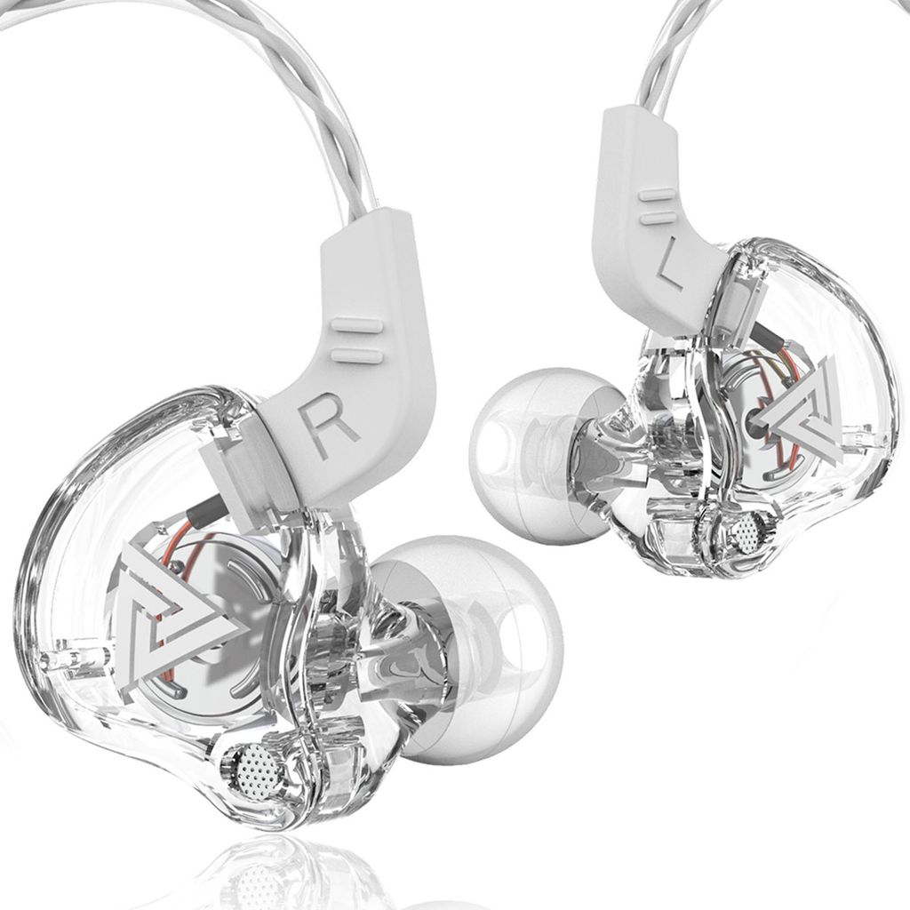 A pair of transparent in-ear headphones with white accents and a white cable, shown against a white background.
