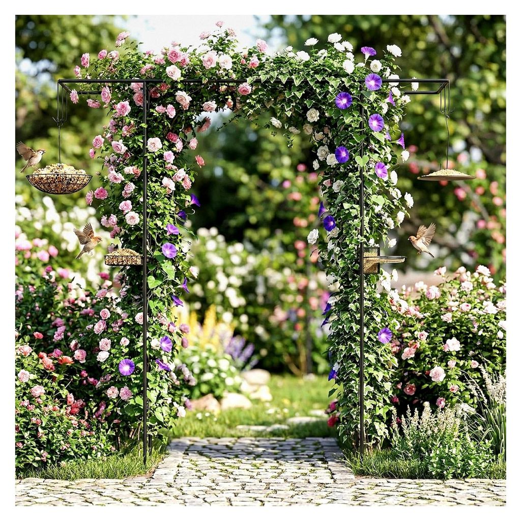 Rosenbogen mit Futterstation für Vögel, Gartenbogen aus Metall, 213 cm, Torbogen mit Wasserschale, Tablett & Hängeset, Metallbogen für Wildvög...