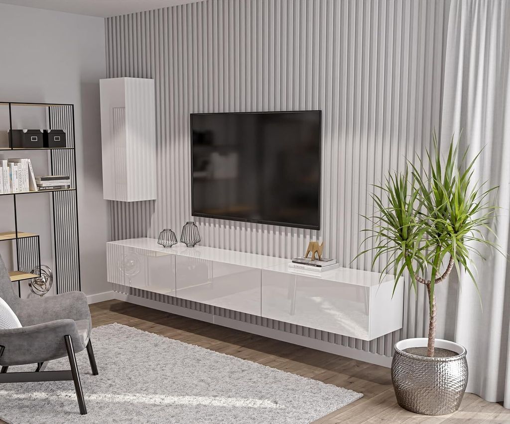 HAJDUK FURNITURE Wohnwand Hochglanz Weiß 270 cm mit Hängeschrank 105 cm, TV Wohnwand Push-to-Open