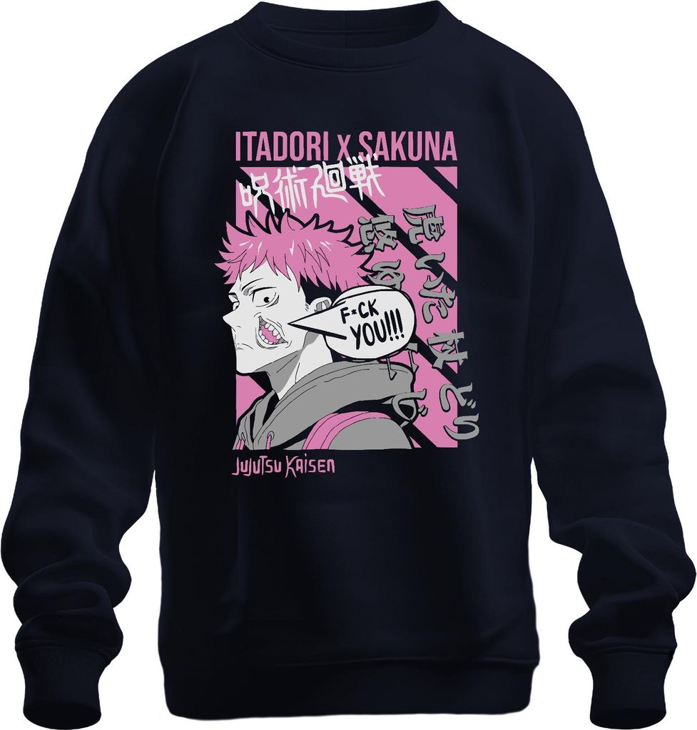 FUCK YOU Jujutsu Kaisen Itadori Yuji Sakuna Anime Ästhetik Pink Uni Sweatshirt Pullover, Navy, L