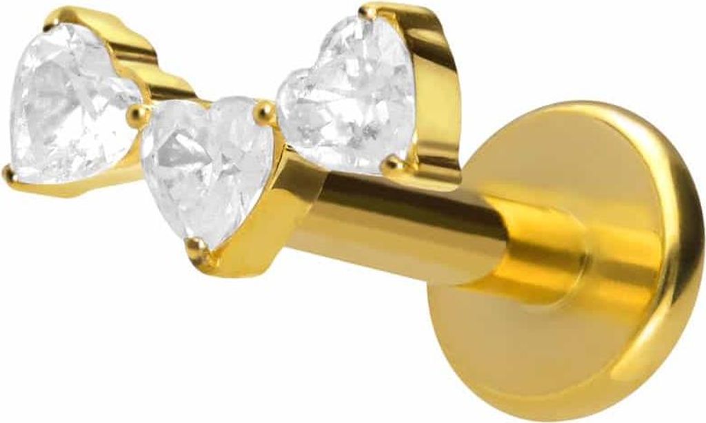 Ohrpiercing, Nasenpiercing Titan Labret mit Push Fit 3 KRISTALLHERZEN Gold Stablänge: 8mm | Stabstärke: 1mm