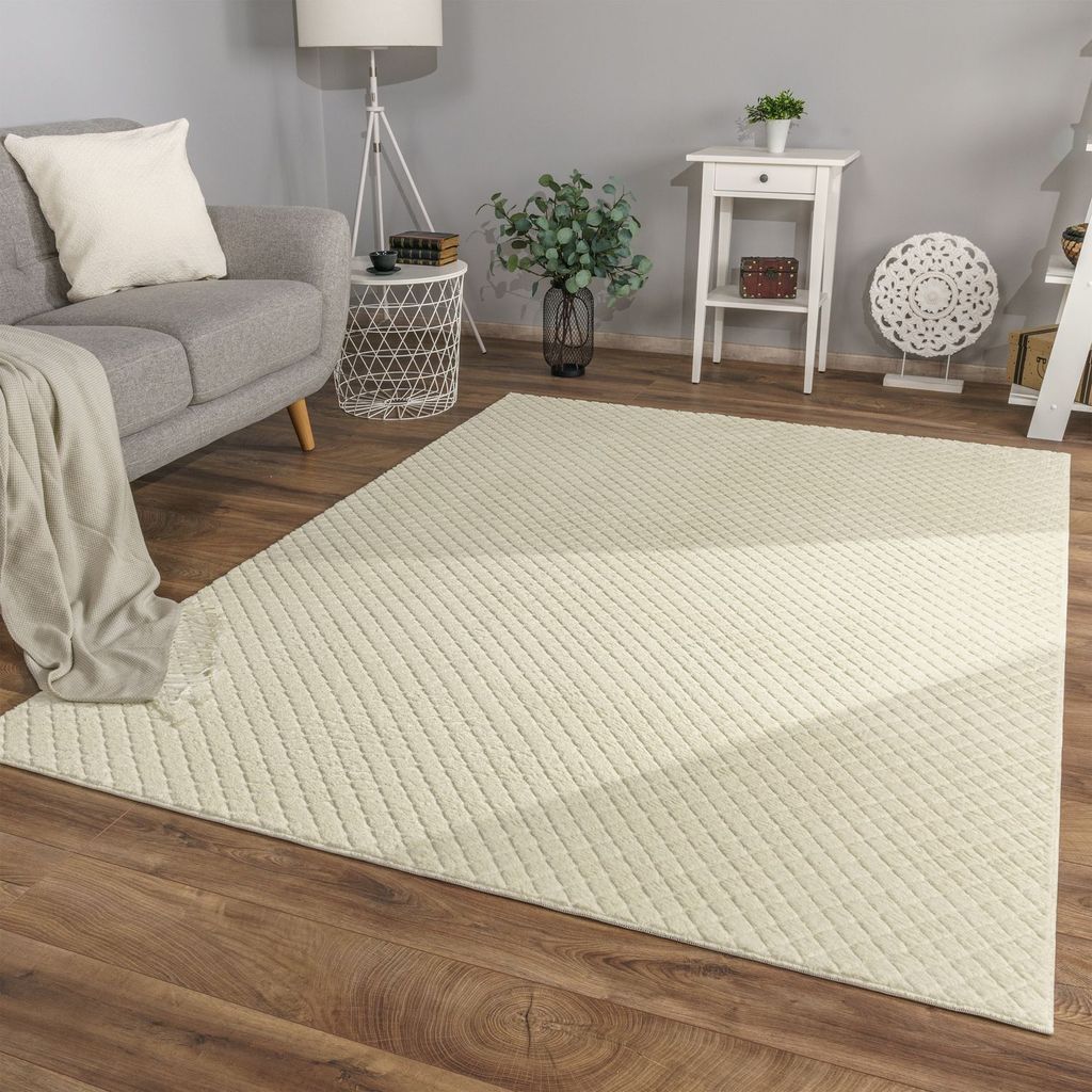 TT Home Wohnzimmer Teppich Esszimmer Kurzflor Ethno Skandi Design Rauten Uni Weich 3D Größe 120x160 cm