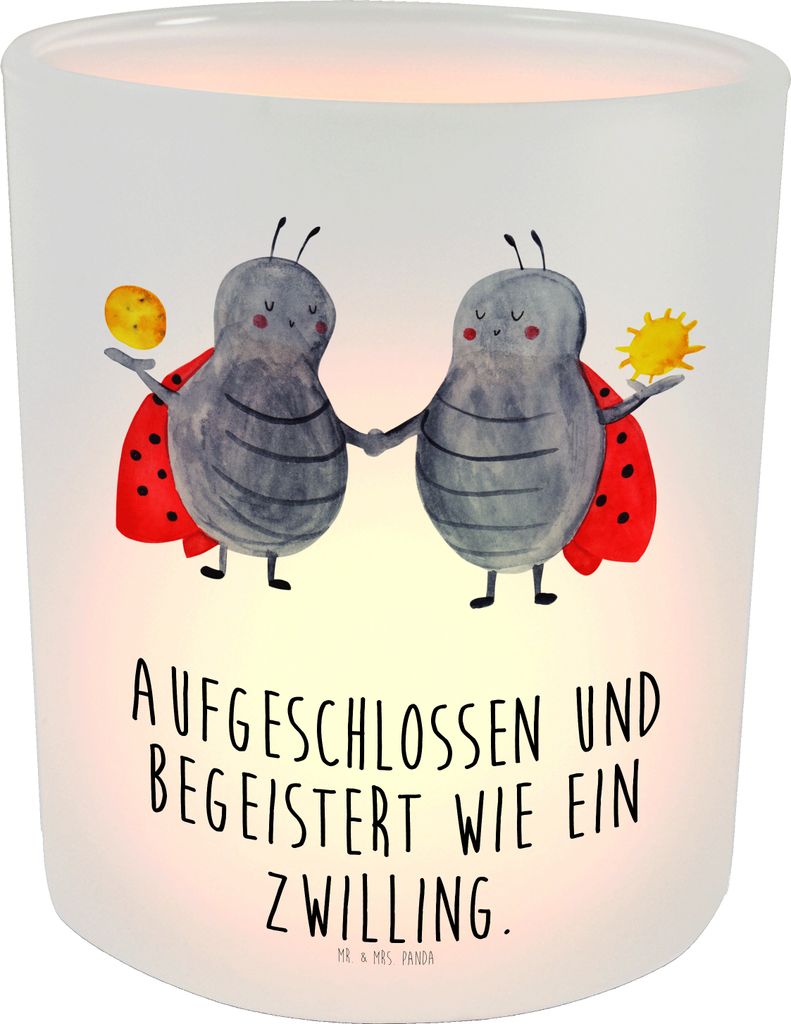 Mr. & Mrs. Panda Glas Windlicht Sternzeichen Zwilling - Transparent - Geschenk, Zwillingsbruder, Kerzenhalter, Marienkäfer, stimmungslicht, Glück...