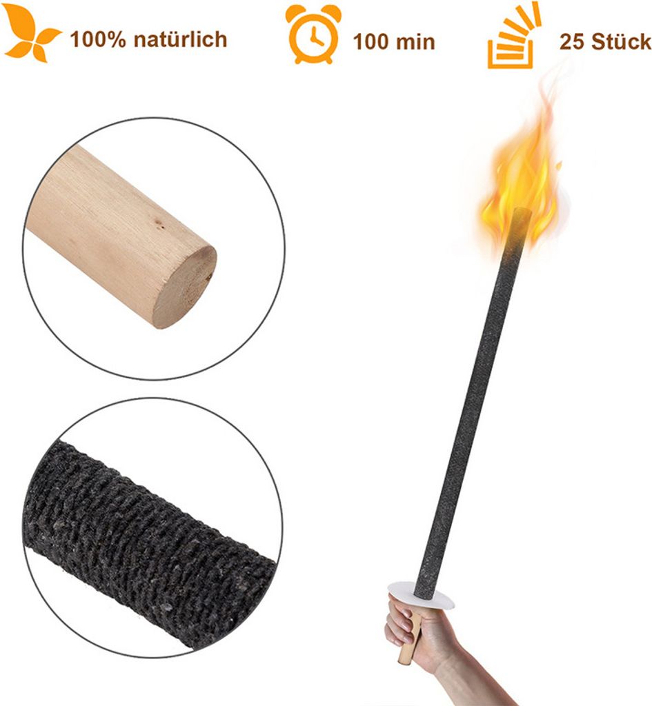 Fiqops Fackeln Gartenfackeln Fackelfeuer Hochwertige Garten-Fackeln Profi Wachsfackeln Deko 90 Min 150x