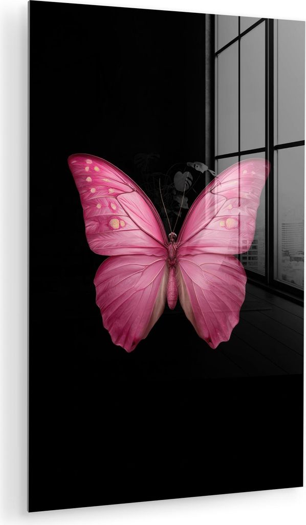 MuchoWow Glasbilder - Bilder auf Wandbild - Foto auf Glas Schmetterling - Rosa - Elegant 60x90 cm Wanddekoration aus Glas - Acrylglasbild - Acrylbi...