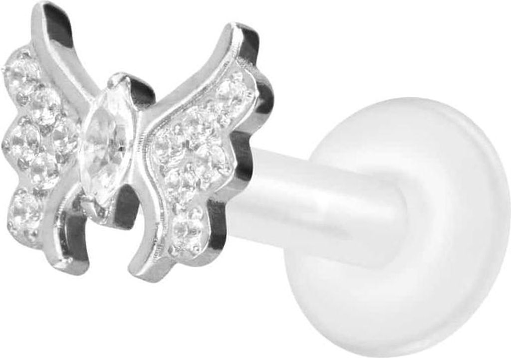 Ohrpiercing, Nasenpiercing PTFE Labret mit Innengewinde + Titan-Aufsatz KRISTALLSCHMETTERLING Silber Stablänge: 8mm | Stabstärke: 1,6mm