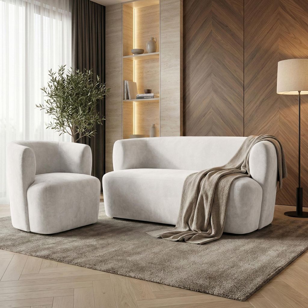 BEAUTYSOFA | Skandinavisches Sofa Set NORI – 2-Sitzer Sofa und Sessel | Modernes Polstermöbel Set in Creme