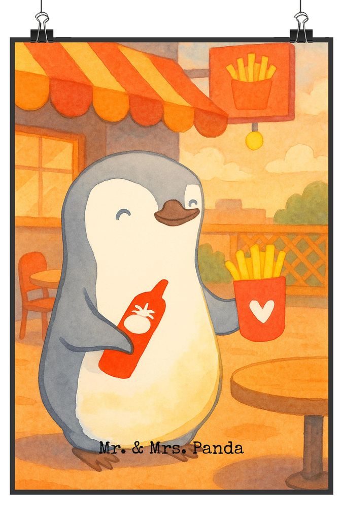 Mr. & Mrs. Panda Bild Pinguin Pommes Design DIN A4 - Weiß - Geschenk, Wandschmuck, wanddeko, Jahrestag, für Frauen, Freundin, Hochzeitstag, Plaka...