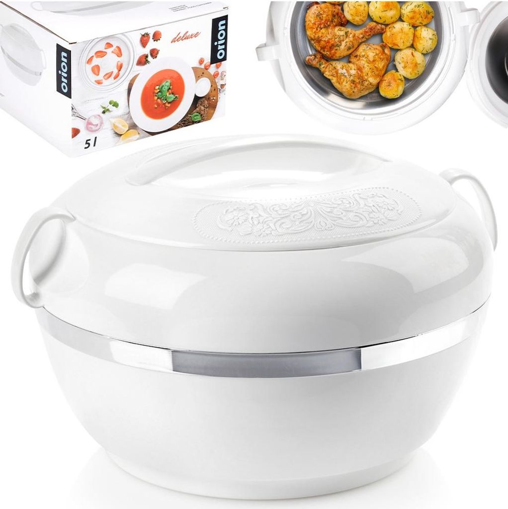 A white thermos bowl with a silver band around its base, shown on a white background. In the background, there are images of the product's packaging and a clear lid showing food inside.