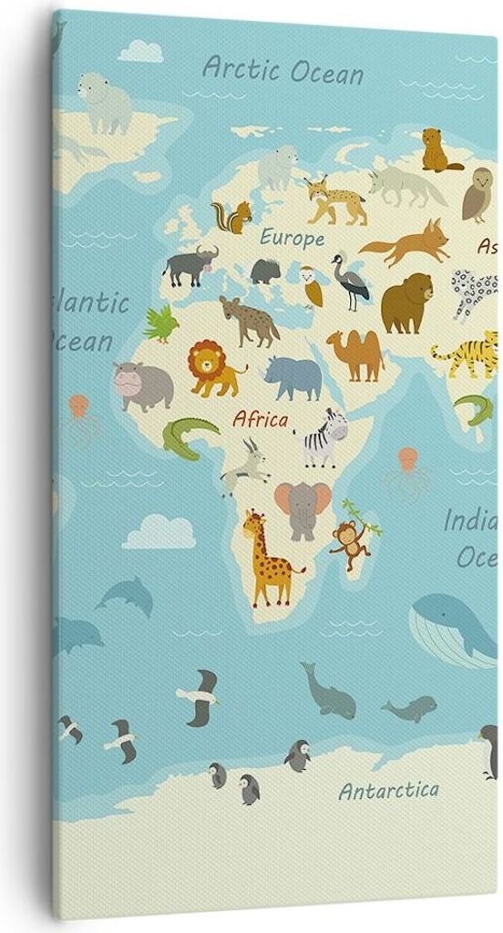 Bild auf Leinwand - Leinwandbild - Einteilig - Tiere die Welt Karte - 55x100cm - Wand Bild - Wanddeko - Wandbilder - Leinwanddruck - Bilder - Wandd...