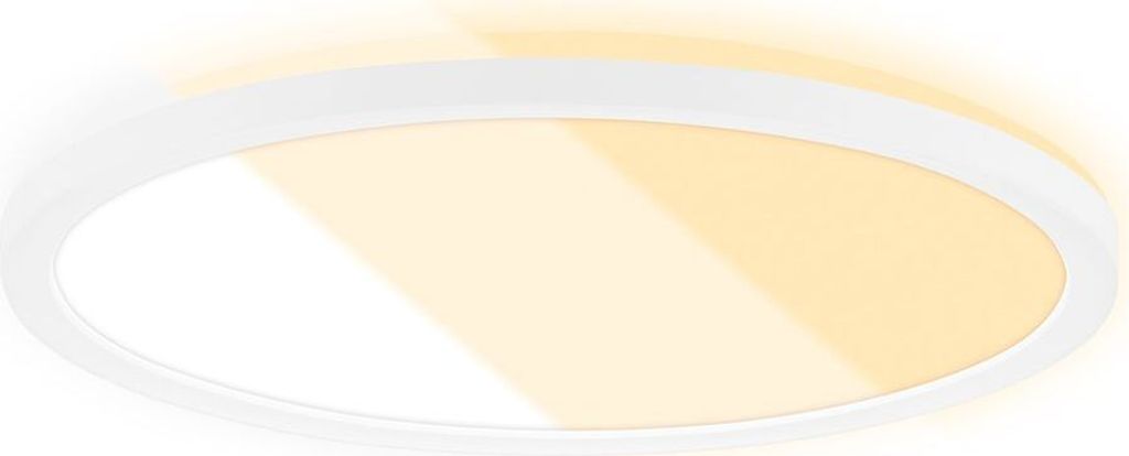 A white circular LED panel light with a gradient of yellow light emanating from it.