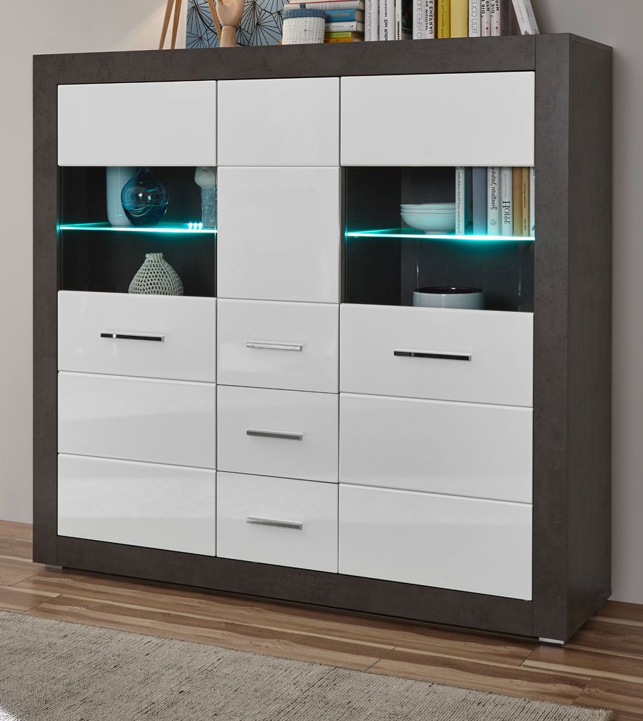 Highboard "Briard" in weiß Hochglanz und grau Stone Wohn- und Esszimmer Vitrine