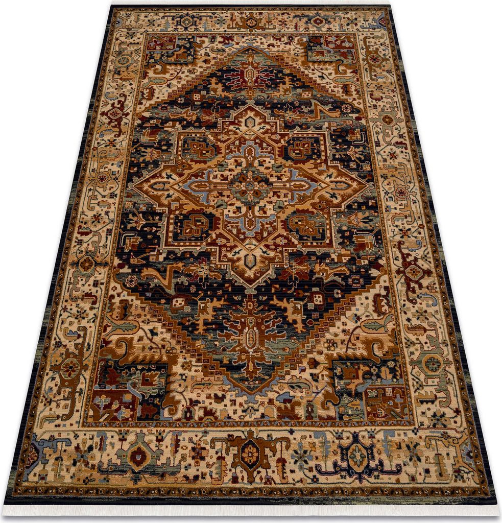 Teppich Wolle KESHAN Franse, Ornament, Rahmen orientalisch 2886/53511 beige / dunkelblau beige 250x340 cm
