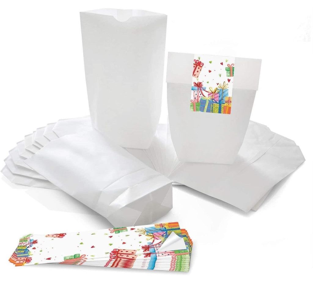 Logbuch-Verlag 50 weiße Geschenktüten Kindergeburtstag + 50 Geschenkaufkleber – Papierbeutel zum Verpacken von Geschenken Mitgebsel buntBunte G...