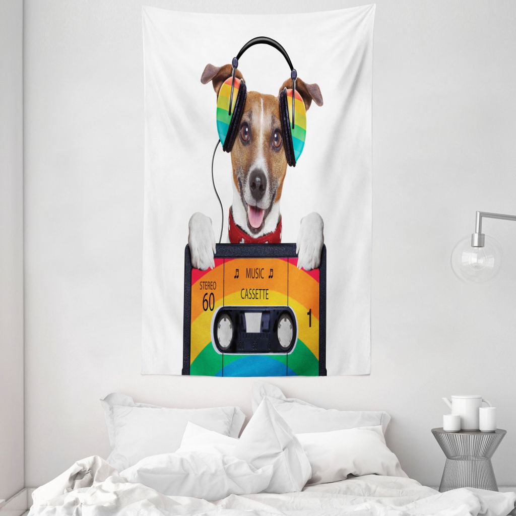 ABAKUHAUS Popstar-Party Wandteppich und Tagesdecke, Hund Kopfhörer aus Weiches Mikrofaser Stoff Waschbar ohne Verblassen Digitaldruck, 140 x 230 c...