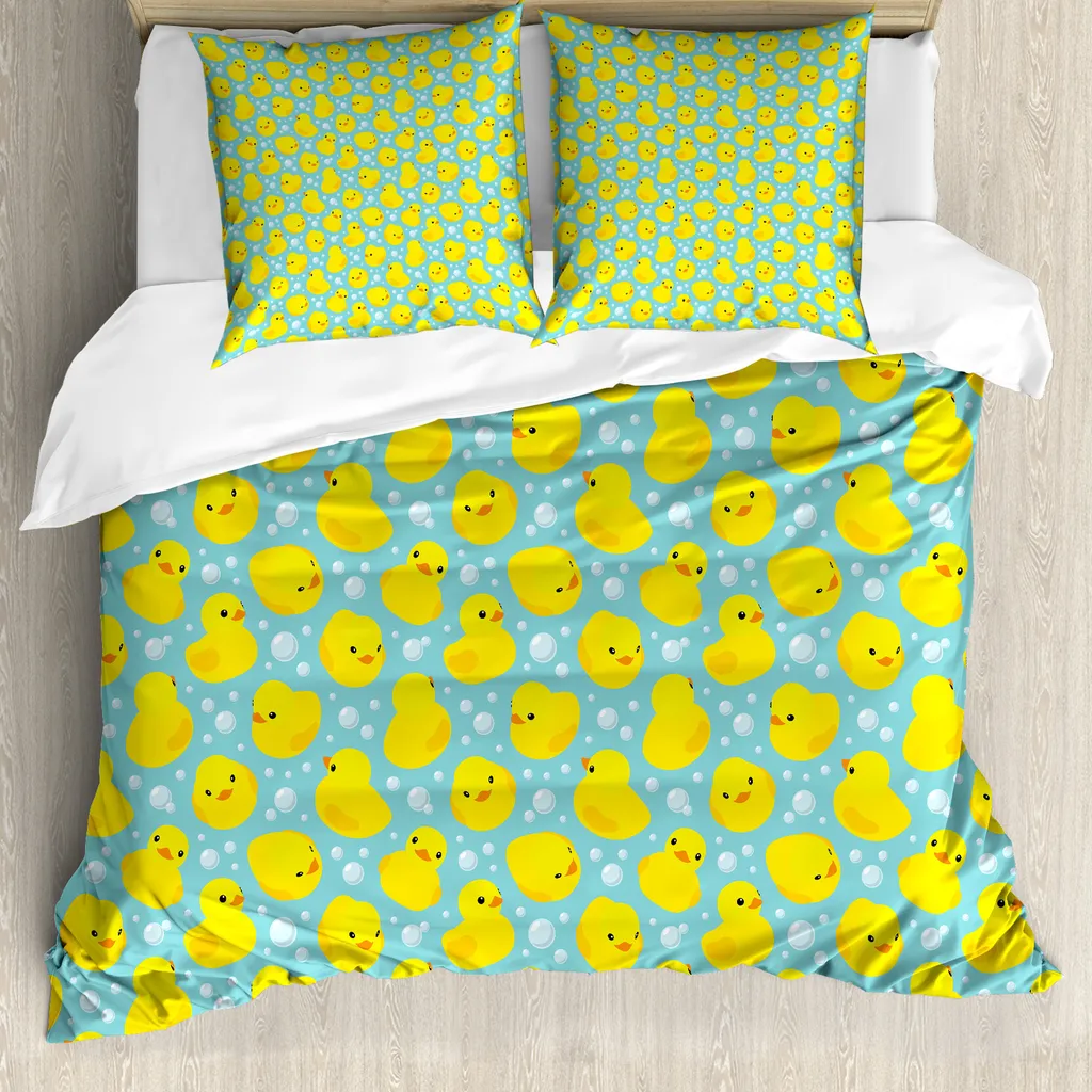 ABAKUHAUS Copripiumino con paperelle di gomma, Bubbles Ducks, antiacaro, adatto a chi soffre di allergie, con federe, 200 cm x 200 cm - 80 x 80 cm, turchese giallo arancione