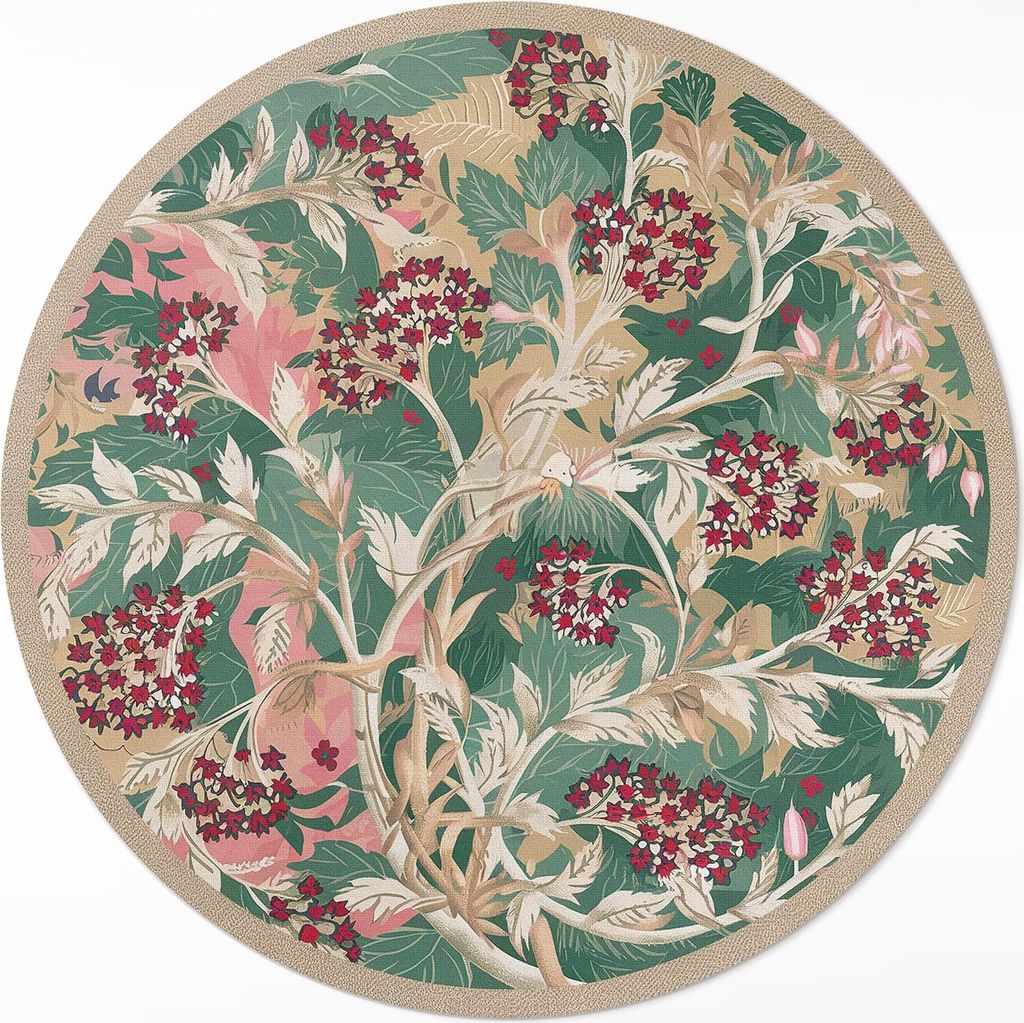 Vintage-Vegetationsgrafik mit Blumen und Blättern – Vinyl Fußmatte – Ø 100cm – Rutschfest – Pflegeleicht & Langlebig
